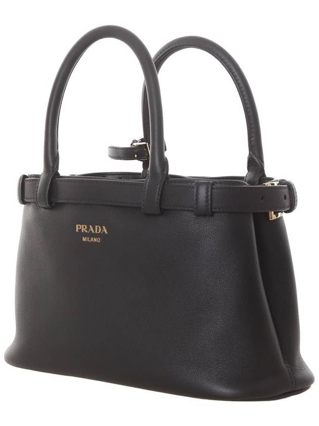 Double Belt Buckle Large Leather Handles Tote Bag Black - PRADA - BALAAN 3