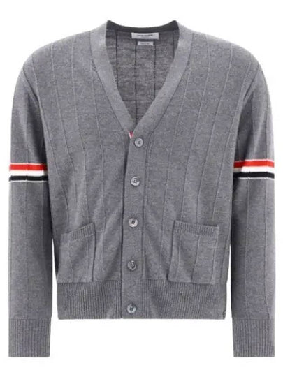 RWB V-neck Striped Virgin Wool Cardigan Grey - THOM BROWNE - BALAAN 2