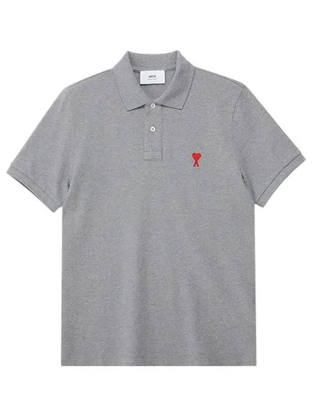 Men's Heart Logo Polo Shirt Heather Grey - AMI - BALAAN 3