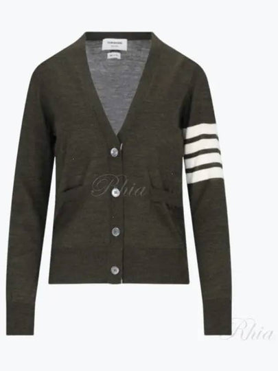 Sustainable Fine Merino Wool 4-Bar Relaxed Fit V-Neck Cardigan Dark Green - THOM BROWNE - BALAAN 2