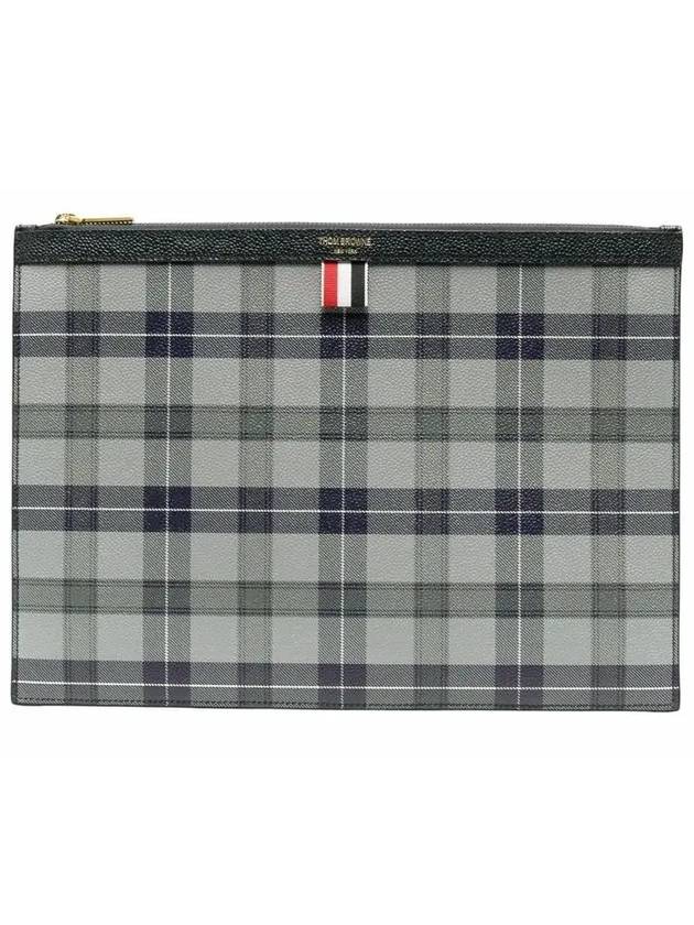 Tartan Pebble Grain Leather Clutch Bag Grey - THOM BROWNE - BALAAN 3