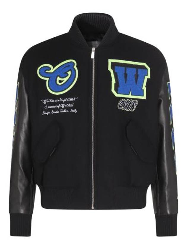 OW Logo Patch Varsity Bomber Jacket Black - OFF WHITE - BALAAN 2