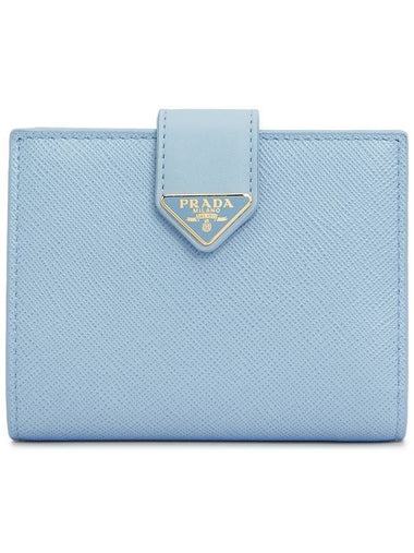 Small Smooth Saffiano Leather Half Wallet Sky Blue - PRADA - BALAAN 1