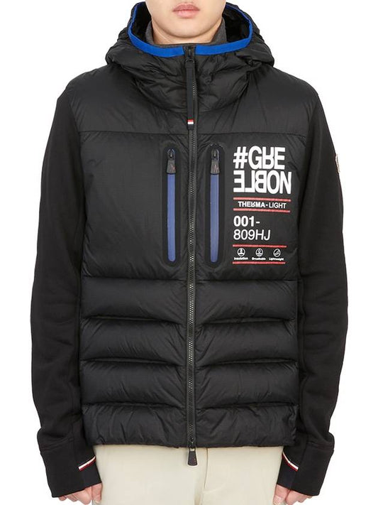 Padded Fleece Logo Print Quilting Hoodie Jacket Black - MONCLER - BALAAN.