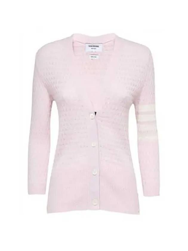 4 Bar Pointelle V Neck Cardigan Light Pink - THOM BROWNE - BALAAN 2