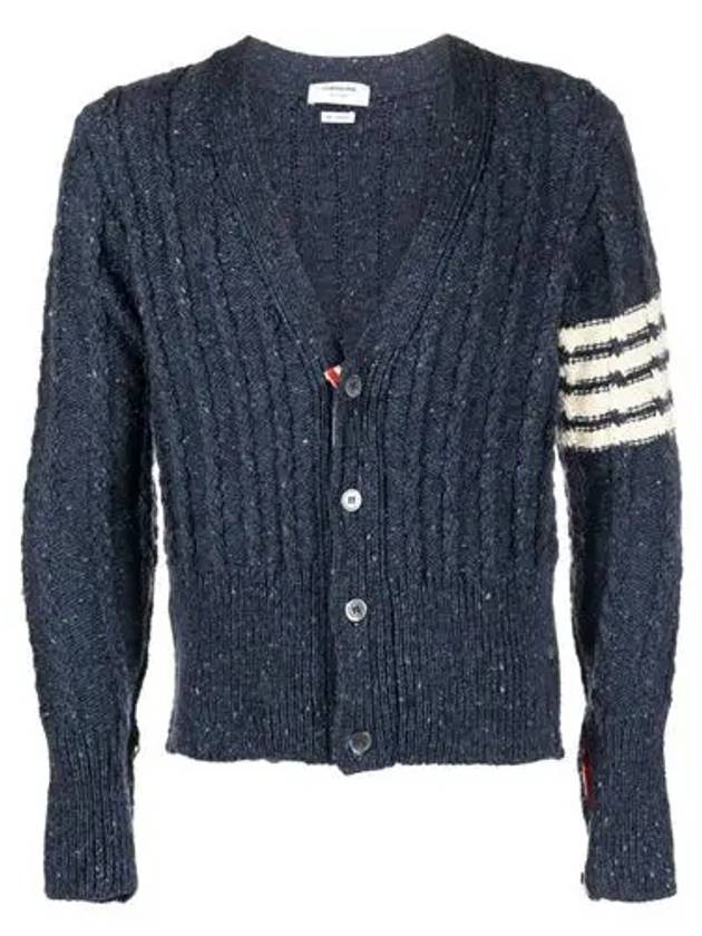 Donegal Twist Cable 4 Bar Classic V Neck Cardigan Blue - THOM BROWNE - BALAAN 2