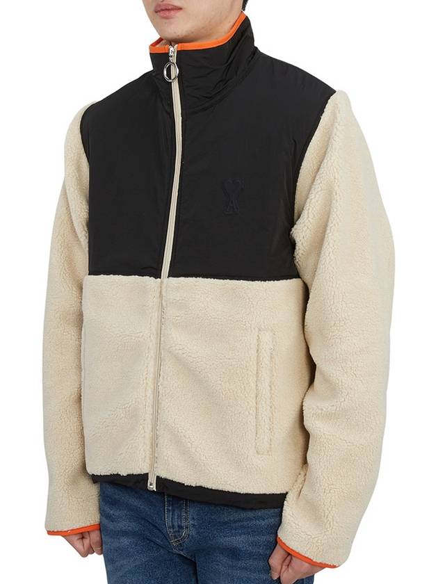 Logo Zip-up Shearling Jacket Beige - AMI - BALAAN 4