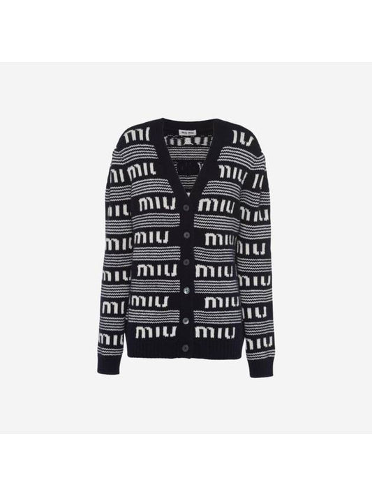 All Over Logo Stripe Cashmere Cardigan Navy White - MIU MIU - BALAAN 1