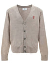 Red Heart Logo Merino Wool Cardigan Beige - AMI - BALAAN 3