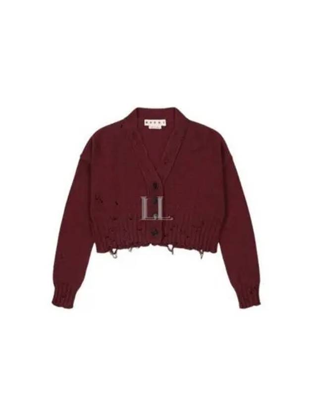 Embroidered Logo Distressed V-Neck Crop Cardigan Ruby - MARNI - BALAAN 2