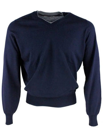 Men's V-neck Knit Top Deep Blue - BRUNELLO CUCINELLI - BALAAN 1