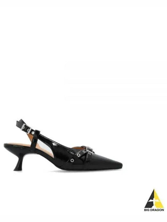 Buckle Detail Glossy Slingback Heel Black - GANNI - BALAAN 2