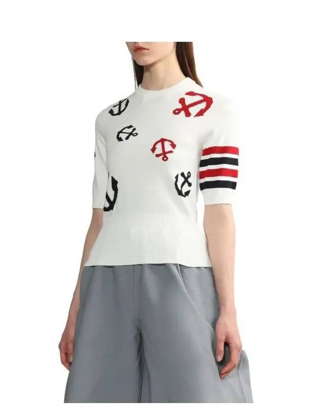 4 Bar Anchor Intarsia Short Sleeve Knit Top White - THOM BROWNE - BALAAN 4