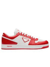 Men's Downtown Triangle Logo Leather Low Top Sneakers White Lacquer Red - PRADA - BALAAN 2