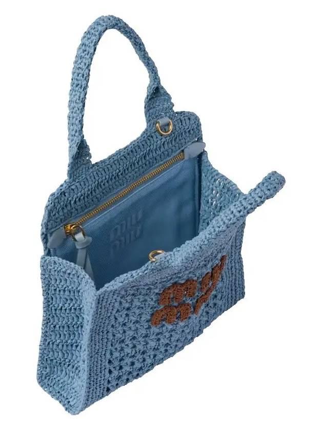 Raffia Effect Crochet Fabric Tote Bag Celeste Cognac - MIU MIU - BALAAN 6