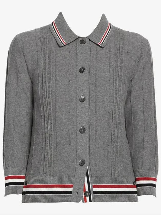 High Twist Cotton Stripe Polo Cardigan Grey - THOM BROWNE - BALAAN 2