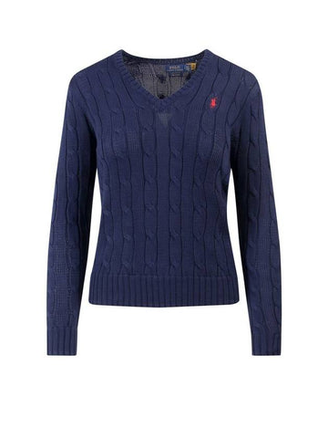 V Neck Embroidered Pony Cable Sweater Navy - POLO RALPH LAUREN - BALAAN 1