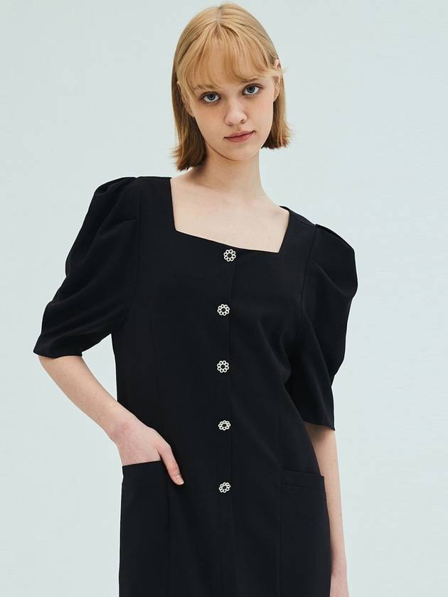 Linen Square Neck Flower Button DressBlack - OPENING SUNSHINE - BALAAN 6