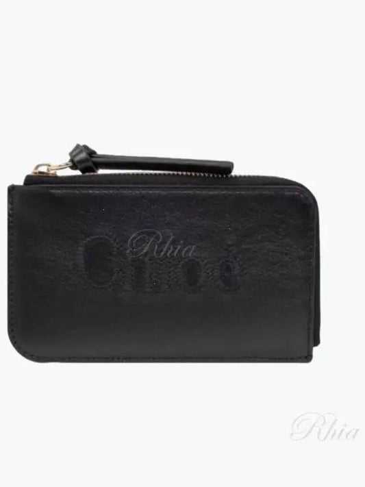 Embroidered Logo Shiny Calf Skin Zipper Card Wallet Black - CHLOE - BALAAN 2