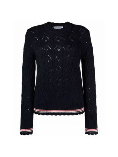 Women's Pointel Cable Merino Wool Pullover Knit Top Navy - THOM BROWNE - BALAAN 2