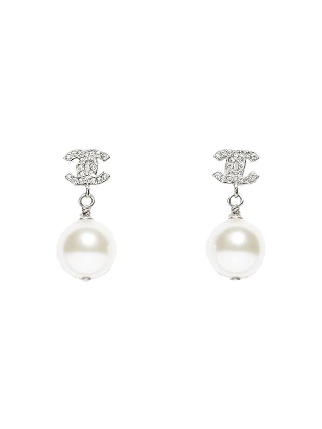 Metal Glass Strass Pearly White Earrings Silver - CHANEL - BALAAN.