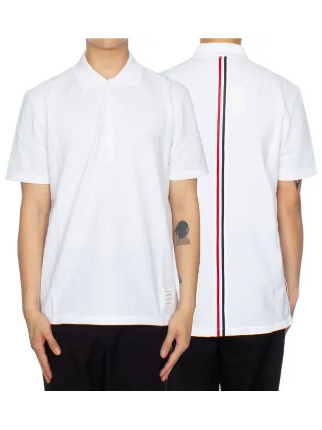 Men's Cotton Pique Center Bag Striped Short Sleeve Polo Shirt White - THOM BROWNE - BALAAN 2