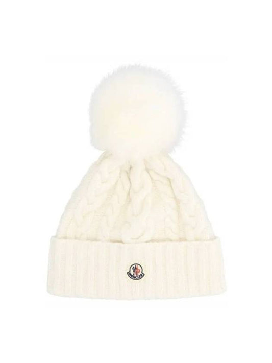 Logo Patch Pom Pom Fur Cashmere Beanie White - MONCLER - BALAAN.