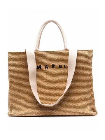 Embroidered Logo Raffia Tote Bag Brown - MARNI - BALAAN 1