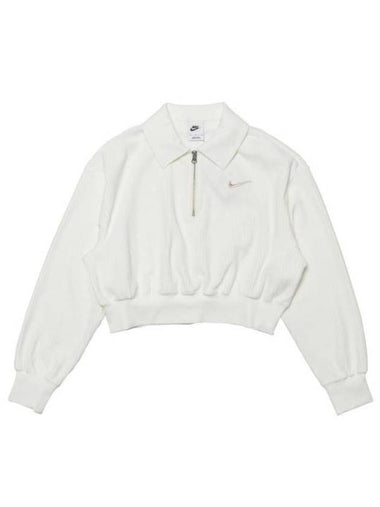 Women's Velour Cropped 1/4 Zip Long Sleeve T-Shirt Ivory - NIKE - BALAAN 1