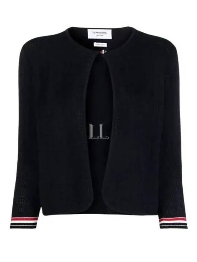 Grid Stitch Pointelle Cropped Crew Neck Cardigan Navy - THOM BROWNE - BALAAN 2