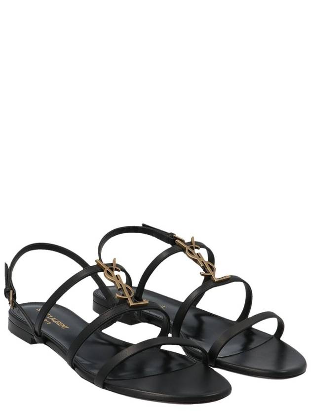 Women's Smooth Leather Gold Tone Monogram Detail Cassandra Flat Sandals Black - SAINT LAURENT - BALAAN 6