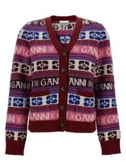 Intarsia Logo V-Neck Wool Mix Cardigan Pink - GANNI - BALAAN 2