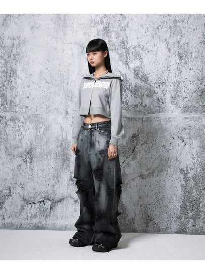 Damaged Crack Washed Denim Wide Pants Grey - PEOPLE OF THE WORLD - BALAAN 2