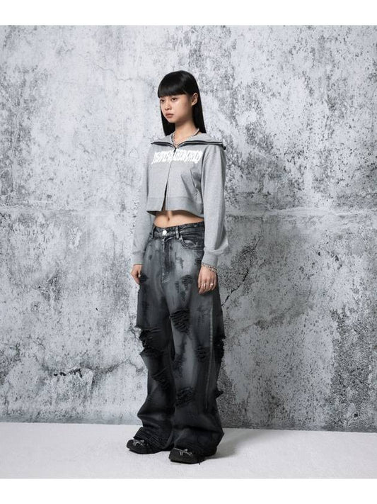Damaged crack washed denim wide pants gray - PEOPLE OF THE WORLD - BALAAN 2