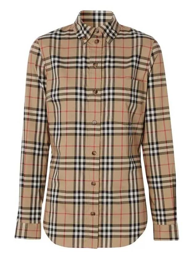 Button Down Collar Vintage Check Stretch Cotton Long Sleeve Shirt Beige - BURBERRY - BALAAN 11