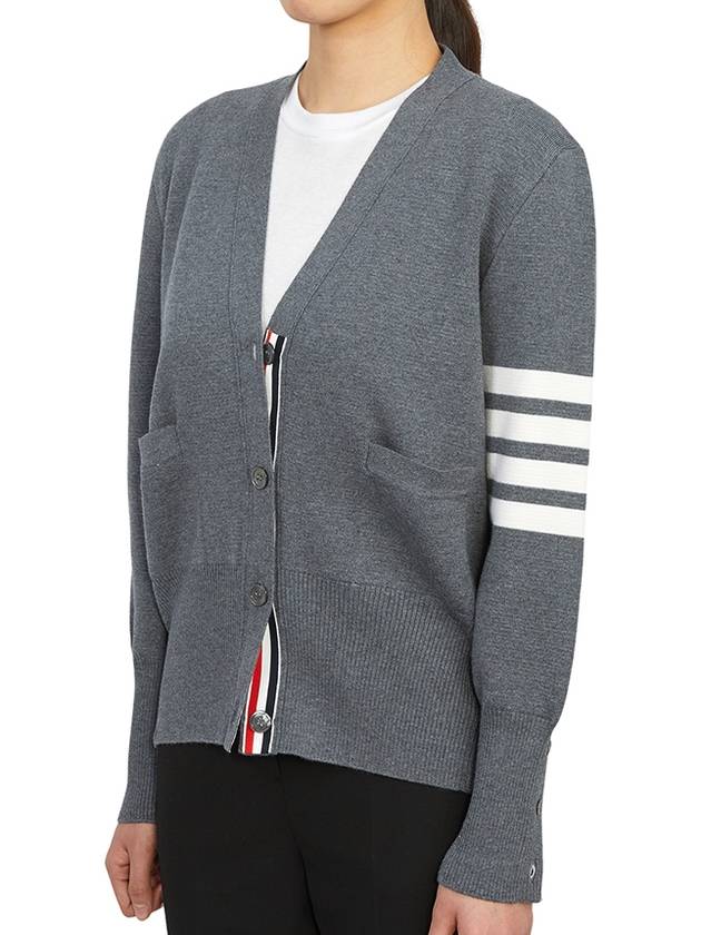 Milano Stitch 4 Bar Classic V Neck Fine Merino Wool Cardigan Medium Grey - THOM BROWNE - BALAAN 6