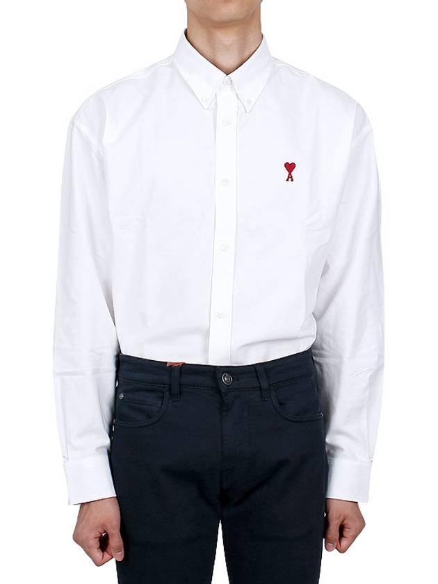 Button Down Boxy Fit Oxford Long Sleeve Shirt Natural White - AMI - BALAAN 4