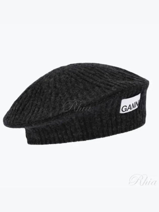 Logo Rib Edge Wool Beret Black - GANNI - BALAAN 2