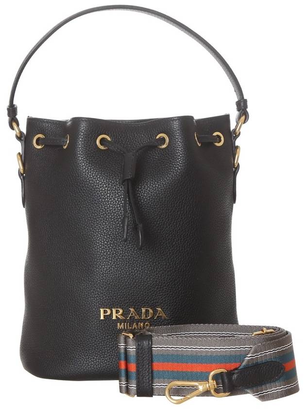 Vitello Phoenix Gold Plated Logo Leather Bucket Bag Black - PRADA - BALAAN 2