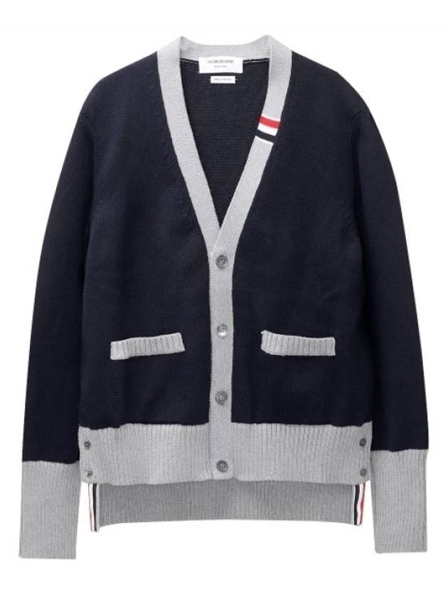 Three Stripe V Neck Cotton Cardigan Navy - THOM BROWNE - BALAAN 2