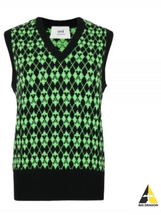 Wool Jacquard V-neck Knit Vest Green - AMI - BALAAN 2