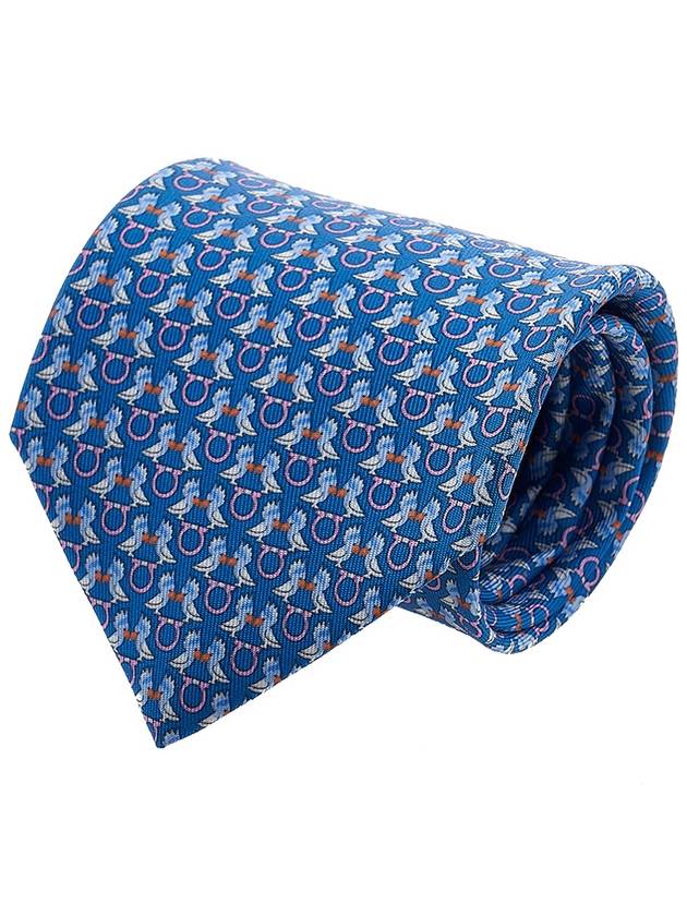 Ferragamo Men's Hoopoe Print Silk Tie 35 0813 BLUE LOGHI ARANCIO 0757904 - SALVATORE FERRAGAMO - BALAAN 1