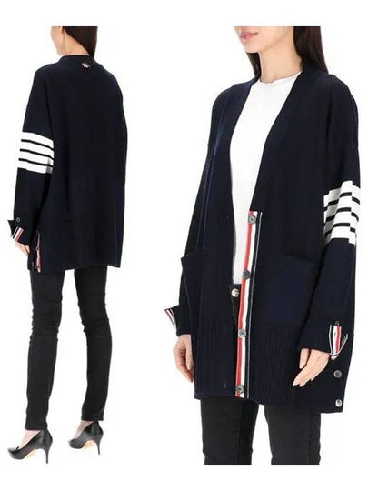 Fine Merino Wool 4-line Oversized Fit V-neck Cardigan Navy - THOM BROWNE - BALAAN 2