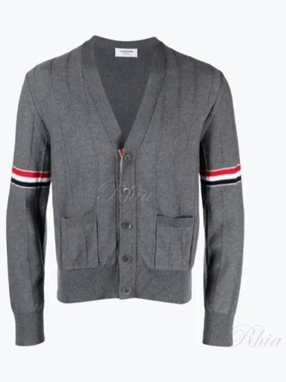 RWB V-neck Striped Virgin Wool Cardigan Grey - THOM BROWNE - BALAAN 2