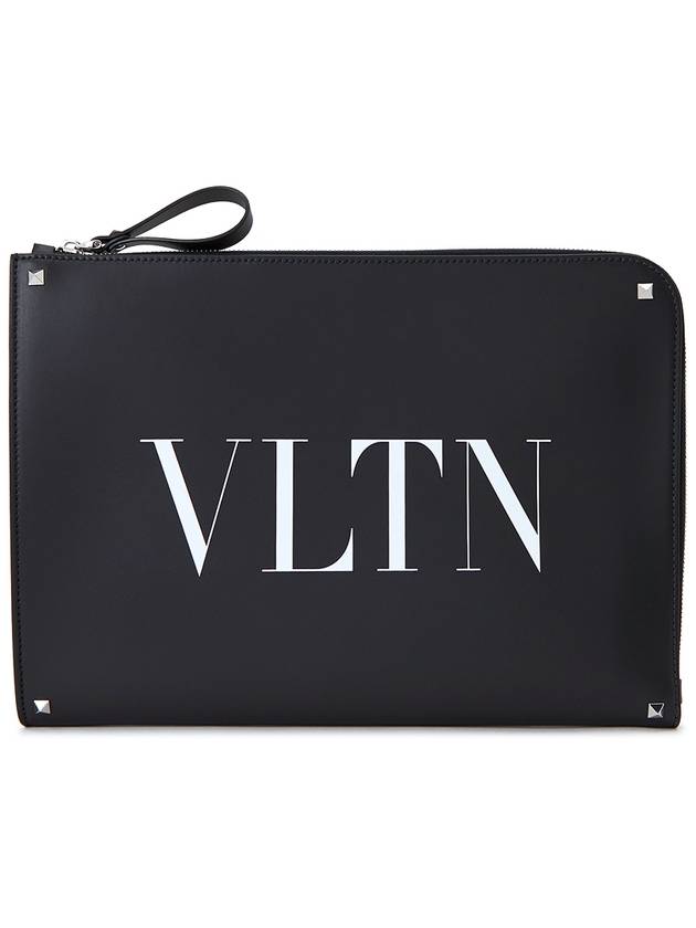 Logo Print Leather Clutch Bag Black - VALENTINO - BALAAN 1