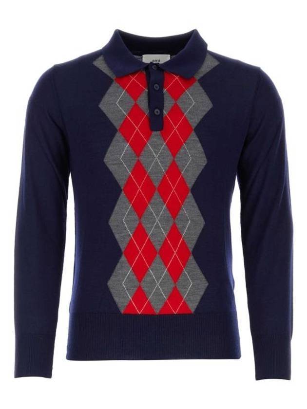 Argyle Check Merino Wool Long Sleeve Polo Shirt Navy - AMI - BALAAN 1