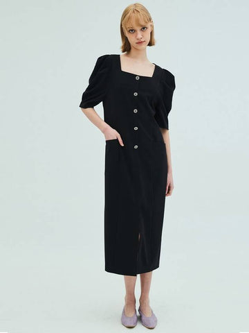 Linen Square Neck Flower Button DressBlack - OPENING SUNSHINE - BALAAN 1