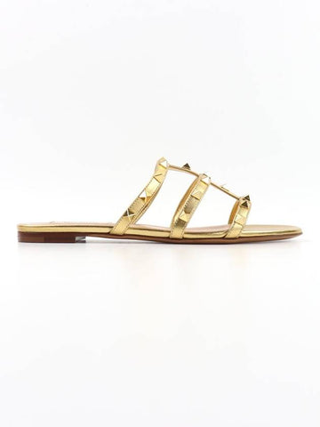 Women's Leather Rockstud Slippers Gold - VALENTINO - BALAAN 1