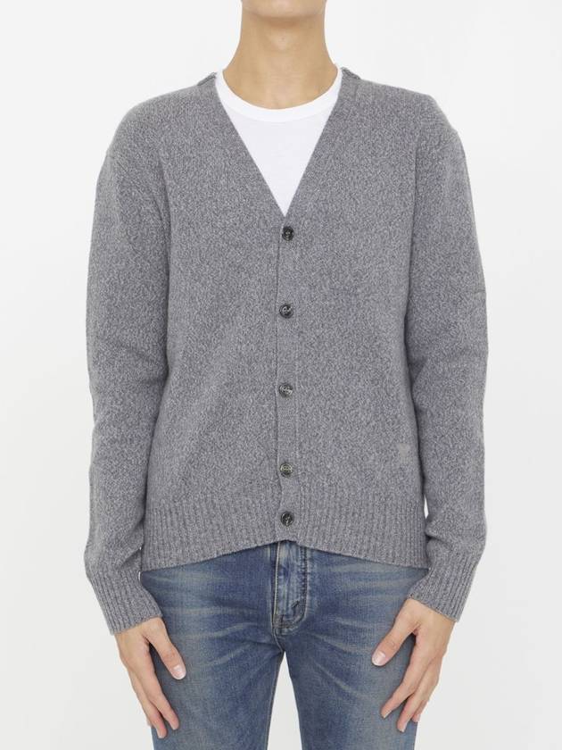 Heart Logo V Neck Cashmere Cardigan Heather Grey - AMI - BALAAN 2