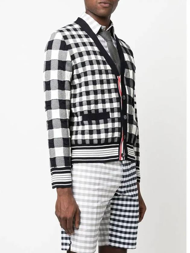 4-Bar Stripe Funmix Gingham Jacquard Cardigan Navy - THOM BROWNE - BALAAN 5